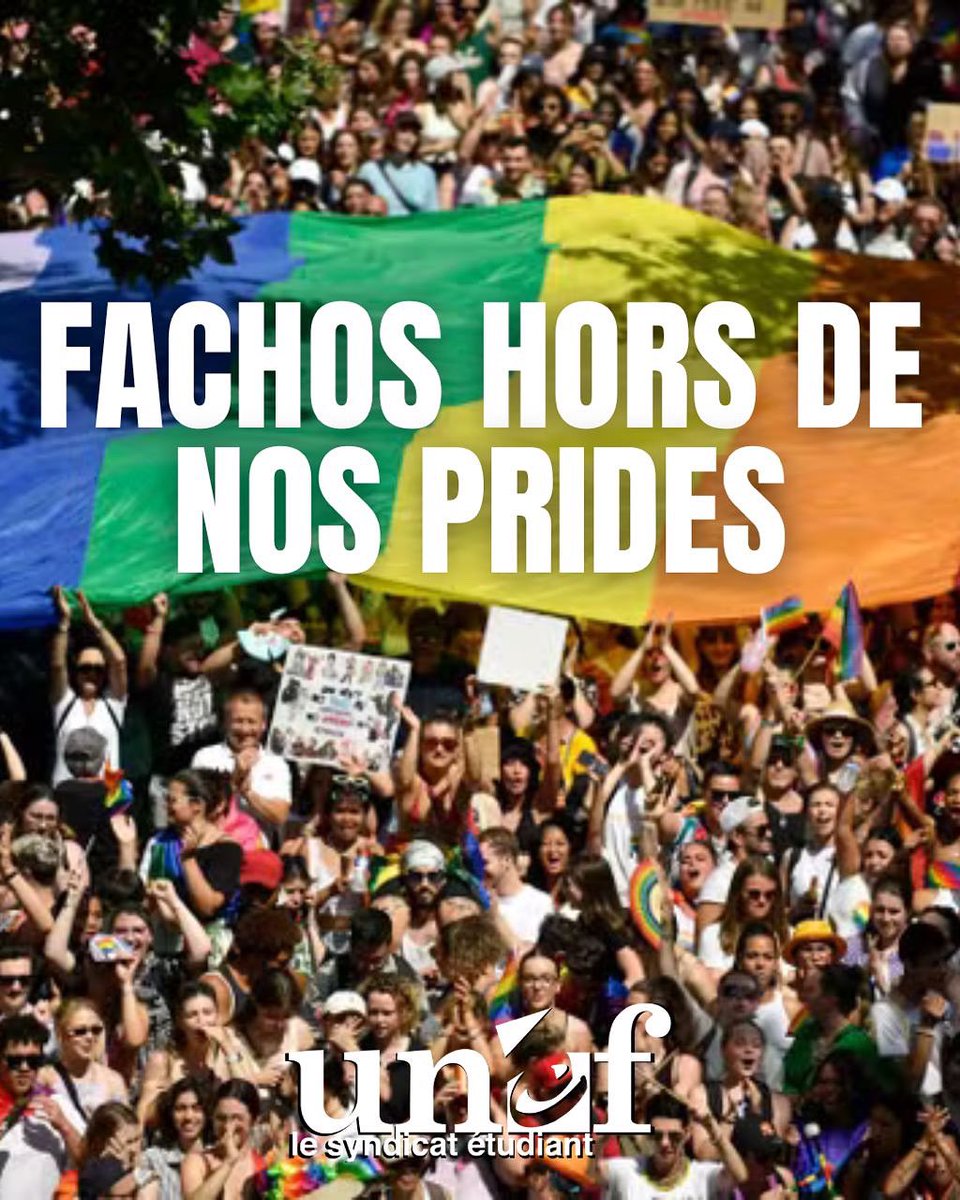 Plus qu’un moment festif, la pride est une manifestation revendicative pour les droits des personnes LGBTI+. 
Refusons de marcher aux côtés de ceux qui veulent nous faire taire. 

Pas de fiertés pour les fachos, pas de fachos dans nos fiertés !
