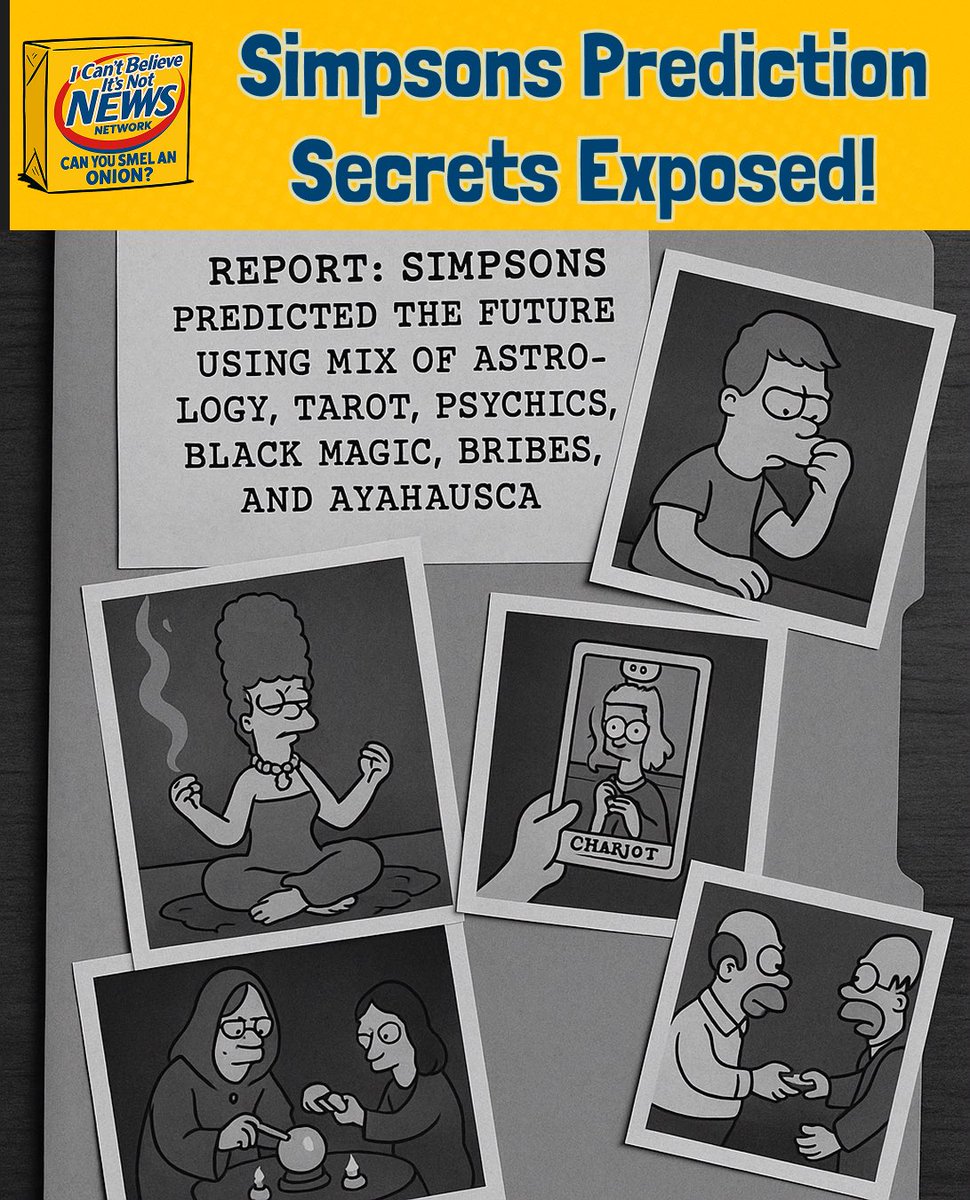 SamTahaHaha's tweet photo. According to a recently classified CIA memo, Matt Groening confessed, “We never guessed the future, the entire show was storyboarded by Astrologers and NHI…”

#SecretStory #TheSimpsons #Prediction #exposed #CIA #theoccult #tarot #scrying #writers #Simpsons #funny #joke #comic https://t.co/Mm6CP0Qdhu