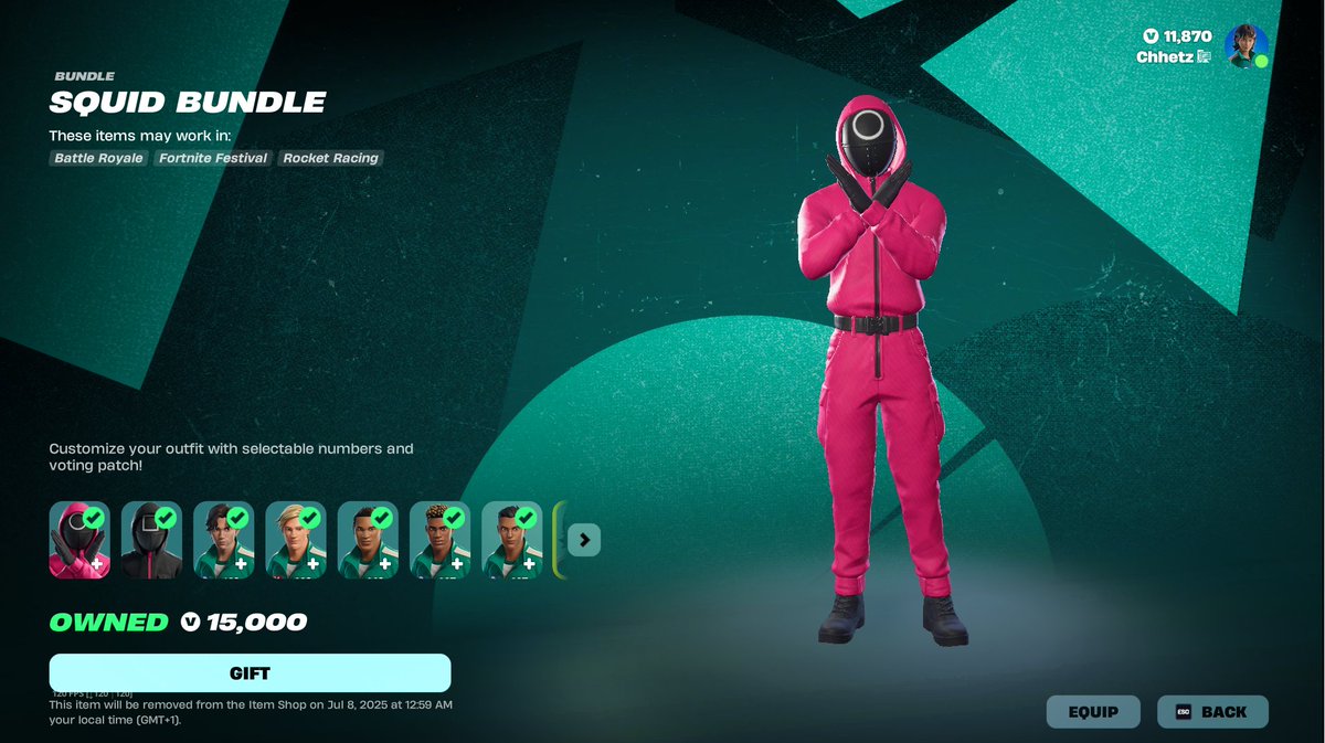 Chhetz's tweet photo. SQUID GAME X FORTNITE SKIN GIVEAWAY 🔥    

Win the full Squid Game bundle!

How to enter:

Follow @Chhetz 

Like, Repost and @ someone in the comments

Winner will get a reply under their comment, please look out for scammers! 

#Fortnite #Giveaway #SquidGame3  #UEFN https://t.co/1LAbeDQc5L