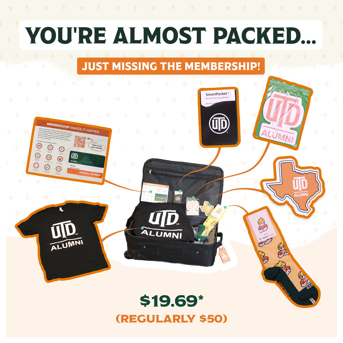 ⏰ Only 4 days left!

Join the UTD Alumni Association for just $19.69 — our lowest price of the year (reg. $50)!

🧦 Get limited-edition 2025 Temoc socks when you join in June!

Once a Comet, always a Comet. 💚 #ForeverComets
👉 alumni.utdallas.edu/alumni-associa…