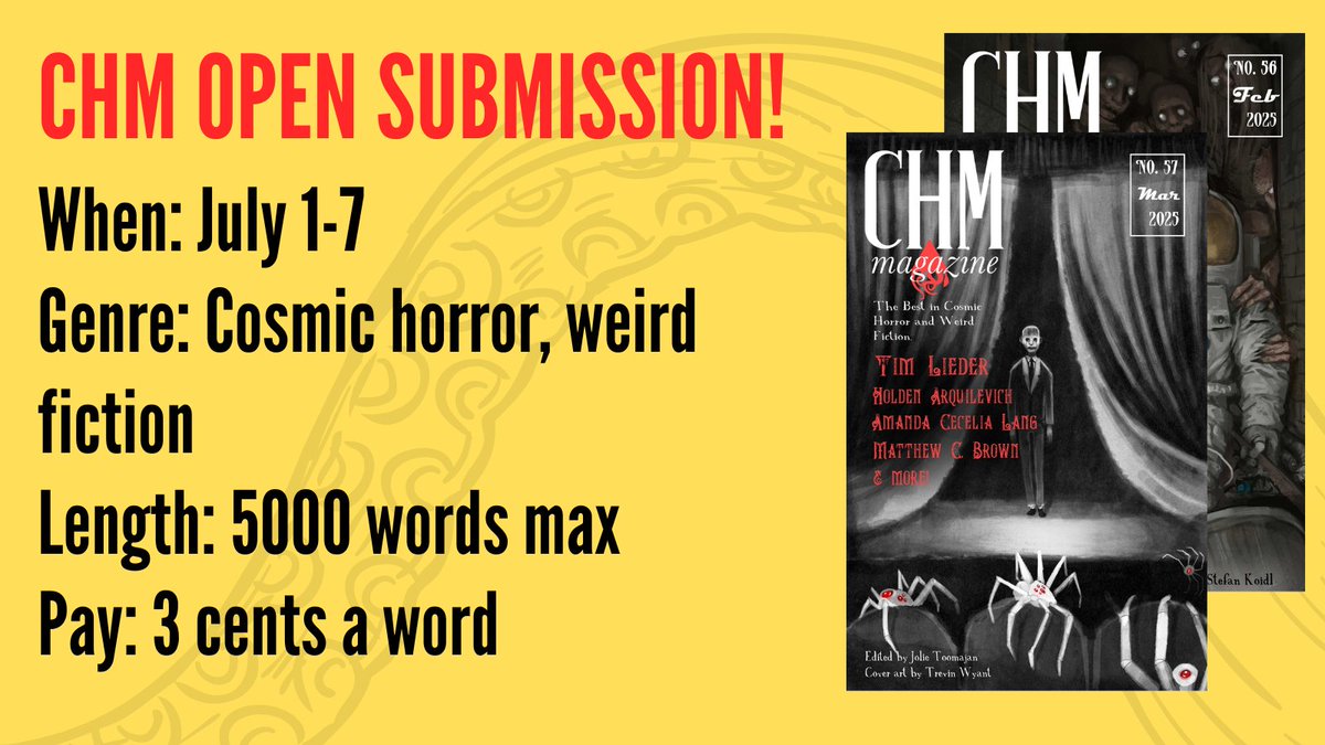 CosmicHorrorMo's tweet image. A new submission period is coming July 1-7! Send us your best.
Full guidelines here: bit.ly/3FZcgMA