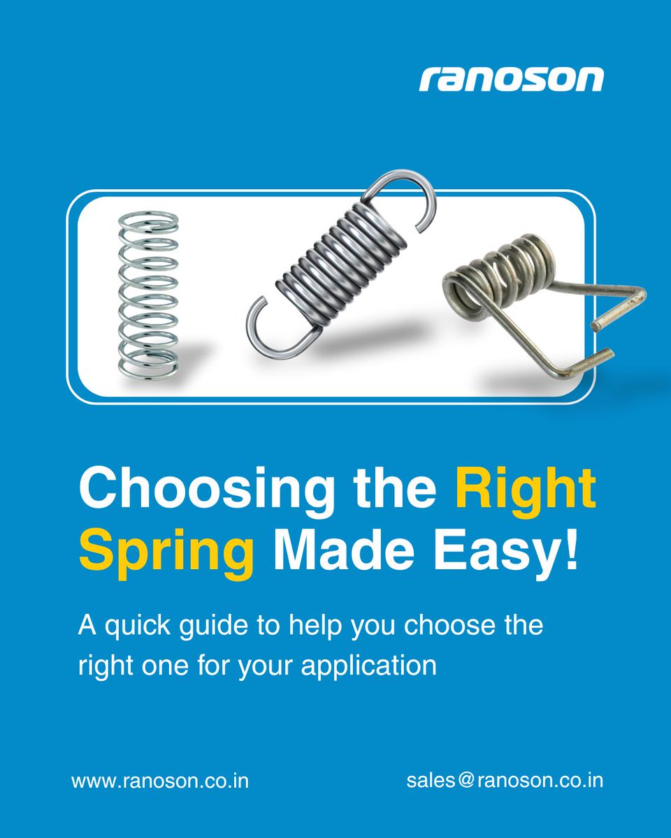 ranoson_'s tweet image. Choosing the right spring?
Start with:
✔️Load type (Push, Pull, Rotate)
✔️Right material for your environment
✔️Trusted, tested precision
Get expert-built solutions at Ranoson.
#SpringSelection #EngineeringTips #OEMsolutions #manufacturingexcellence