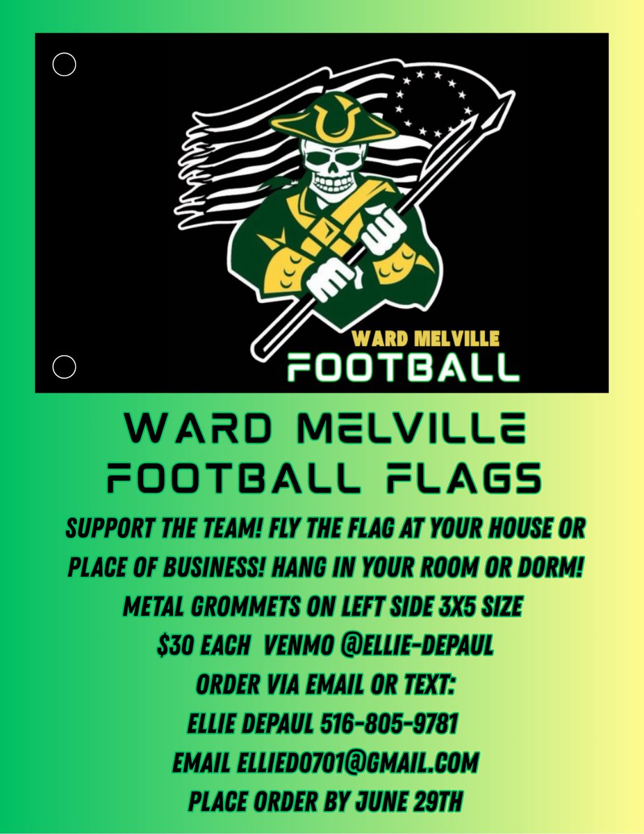 WardMelvilleFB's tweet image. Paint #ThreeVillage green and gold this football season with a #WardMelville Football flag! Support the program and continue to grow the sport in our community! #WMFB #Setauket #StonyBrook #OldField @HudsonPhilbrick
