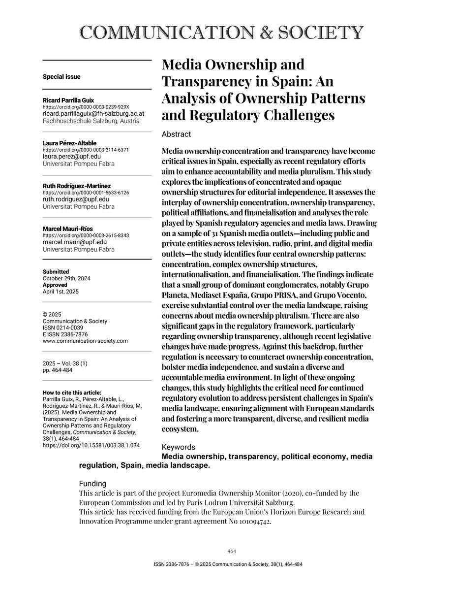 JournalCommSoc's tweet image. 📄“Media Ownership and Transparency in Spain: An Analysis of Ownership Patterns and Regulatory Challenges” by Ricard Parrilla-Guix, @Lau2, Ruth Rodríguez-Martínez, @marcelmauri
doi.org/10.15581/003.3…
#OpenAccess #Communication #Academic #Ownership #Media #Transparency #Spain