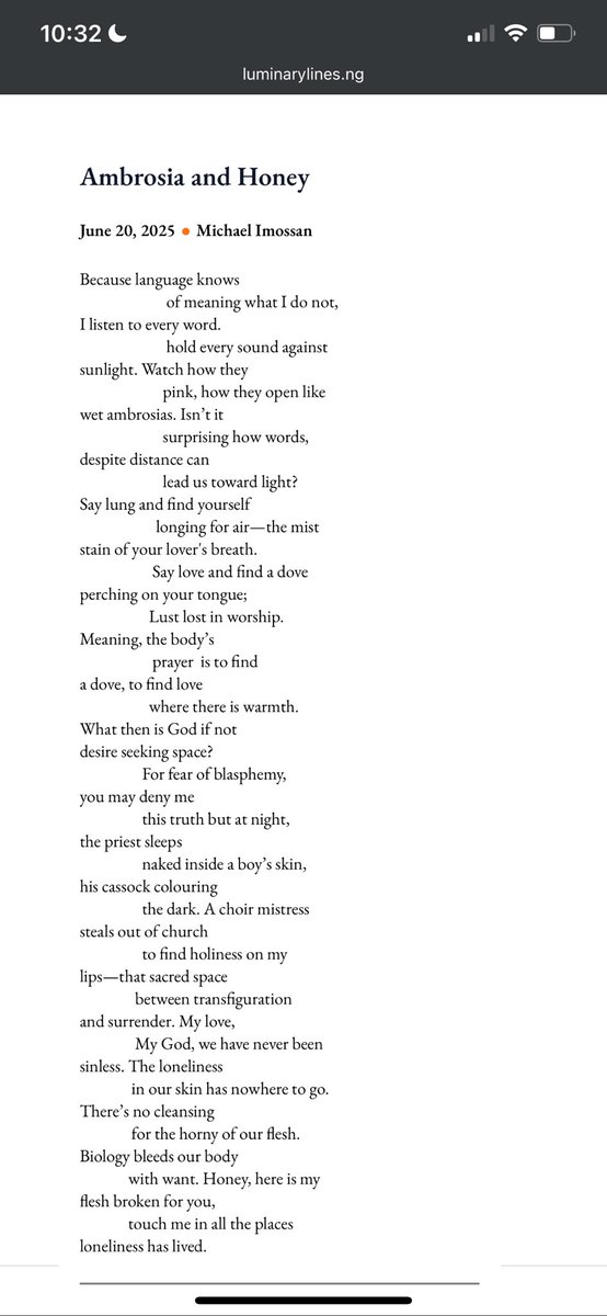 michael_imossan's tweet image. Hey guys,
Thanks to the editor at Luminary Lines Magazine, I have two poems up. You can read them and other wonderful poems from wonderful poems via the link;
luminarylines.ng/category/poetr…
Thank you 🤗