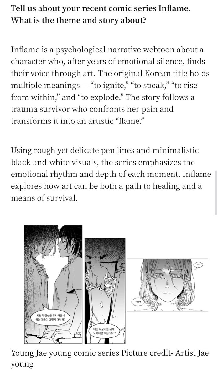 0jae0_art's tweet photo. Honored to interview with https://t.co/Np3Dc1qVqC (Korean gov’t site) about #Inflame,( #발화 ) my process, translation plans &amp; next steps—read the article!❤️‍🔥 https://t.co/ExaKMeU1Al https://t.co/B3uUIDwJaQ