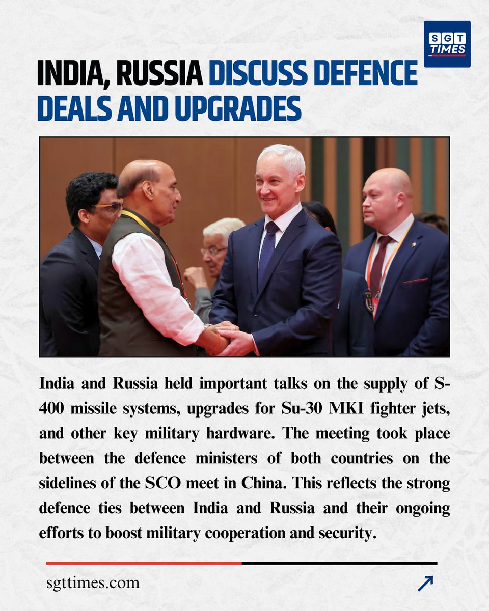 SGTTimes's tweet image. India and Russia strengthen defence ties!  Talks held for missile systems, fighter jet upgrades, and key military deals.

#IndiaRussia #DefenceDeal #MilitaryUpgrade #S400Missile #Su30MKI #IndiaDefence #GlobalTies #SCO2025 #NationalSecurity