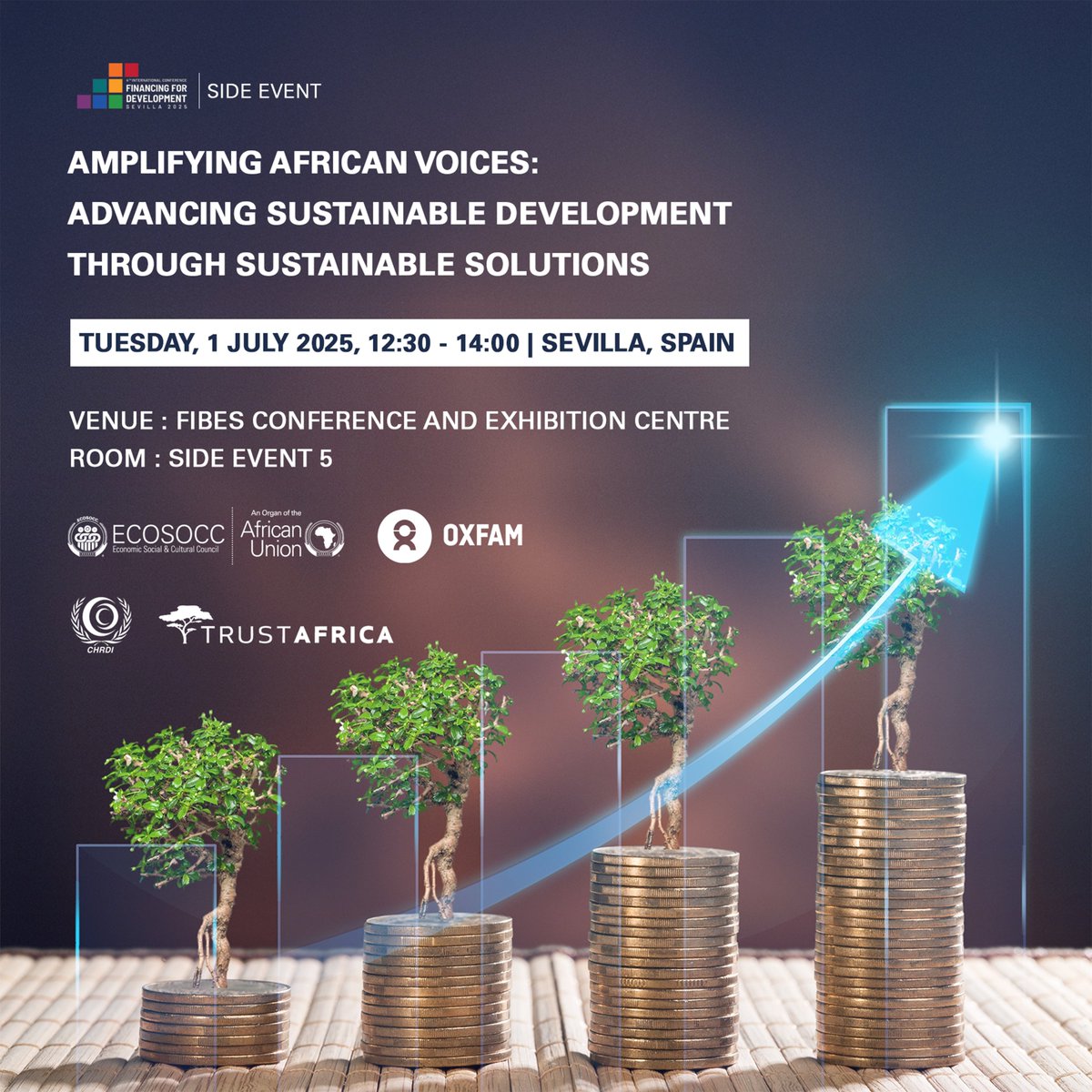 TrustAfrica's tweet image. At #FFD4 in Seville, @TrustAfrica & partners are co-hosting:
Amplifying African Voices: Advancing Sustainable Development through Financing Solutions
🗓️ 1 July | 🕥 12:30-2:00pm
📍 FIBES, Spain .Room: Side Event 5
Let’s center Africa in the global financing agenda. #FFD4