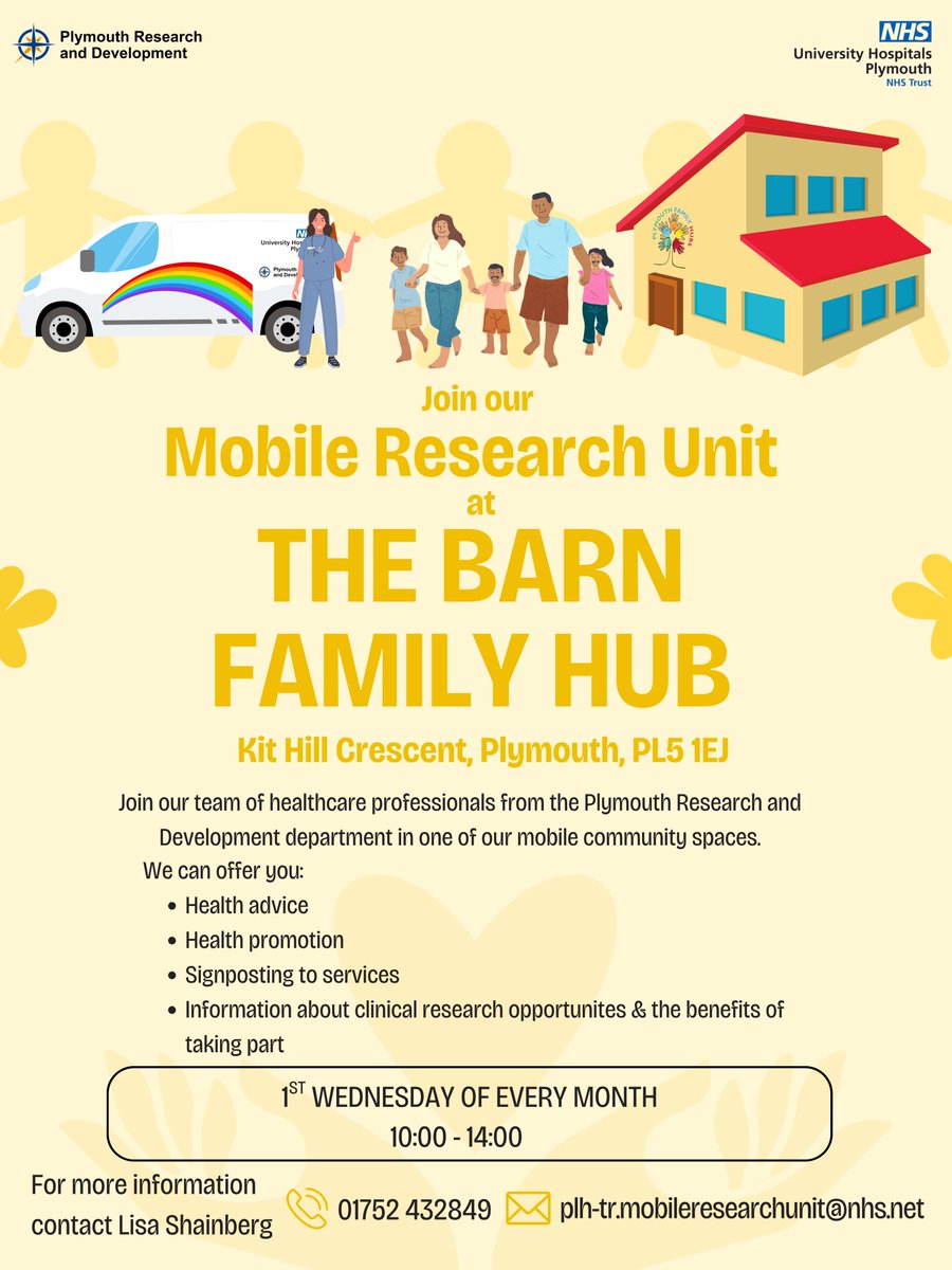 RDInUHP's tweet image. Our Mobile Research Team are at The Barn Family Hub in #Plymouth today, giving health advice, signposting to services and answering any questions you have about clinical research. Come along & say hello, they'll be there until 2pm.
@UHP_NHS @NIHRrdn @hospitalradio