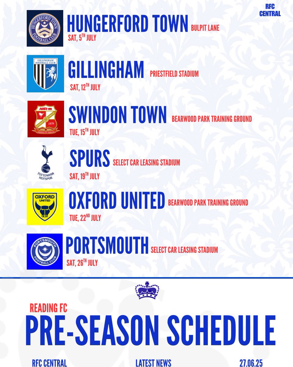 RfcNatho's tweet image. Here is the confirmed pre-season schedule for 25/26 season!
#ReadingFC