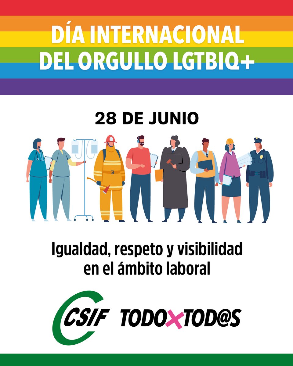 CSIF Nacional (@csifnacional) on Twitter photo #CSIF se suma a la conmemoración del 28 de junio, Día Internacional del Orgullo LGTBIQ+, con el lema ‘Igualdad, respeto y visibilidad en el ámbito laboral’.
🗣️ Alzamos la voz en defensa de la igualdad, la dignidad y los derechos de todas las personas, independientemente de su #CSIF se suma a la conmemoración del 28 de junio, Día Internacional del Orgullo LGTBIQ+, con el lema ‘Igualdad, respeto y visibilidad en el ámbito laboral’.
🗣️ Alzamos la voz en defensa de la igualdad, la dignidad y los derechos de todas las personas, independientemente de su