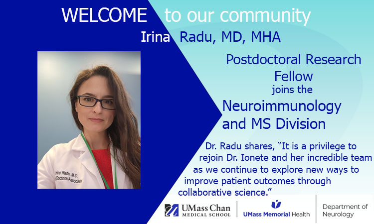 UMassChanNeuro's tweet image. Meet Irina Radu, MD, MHA, who joined the Neuroimmunology and MS Division. We are excited to have her on our team. #neurology #multiplesclerosis