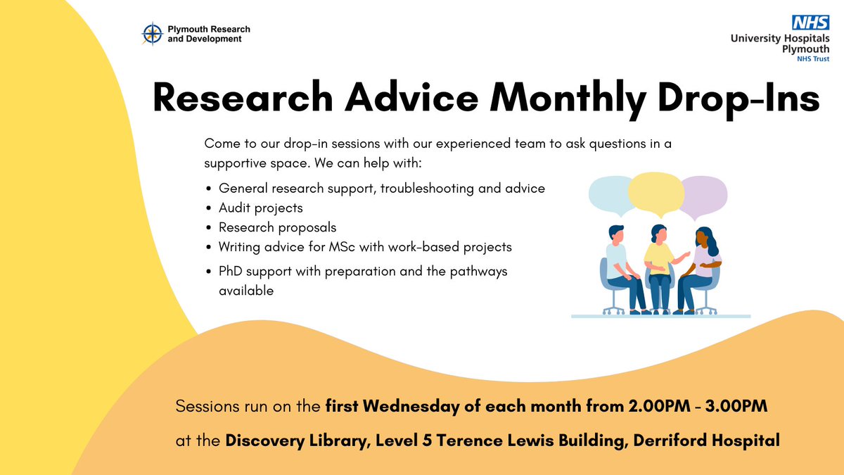 RDInUHP's tweet image. A reminder that our next Research Advice Drop In is next Wednesday 2nd July from 2-3pm in the Discovery Library @UHP_NHS
Come along to get research advice from our experienced team
@NIHRrdn @livewellsw @PlymUni @UhpCommHosp @hospitalradio
