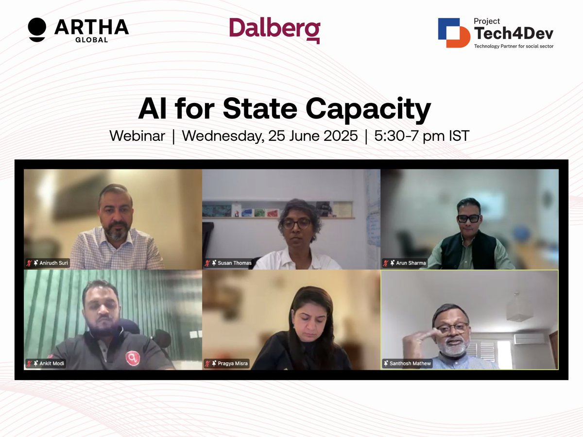 Artha__Global's tweet image. Artha Global with Dalberg and Project Tech4Dev co-organised a virtual convening with leading experts, practitioners, policymakers &amp;amp; 250+ participants to discuss how AI can modernise government services &amp;amp; strengthen public institutions.

Highlights included:
📌 Shri Abhishek Singh…