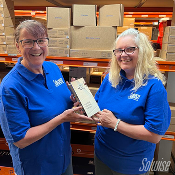 Solwise 🤝 <a href="/teltonika/">Teltonika</a> Platinum Partnership 🏆
Gen &amp; Louise are beaming 😁 (or maybe it’s because Sarah fell over whilst taking their pic - jury’s still out on that one🤕😂) 
Genuinely, it’s nice when suppliers recognise the hard work we put it, so to Team Teltonika - Thank you 💙