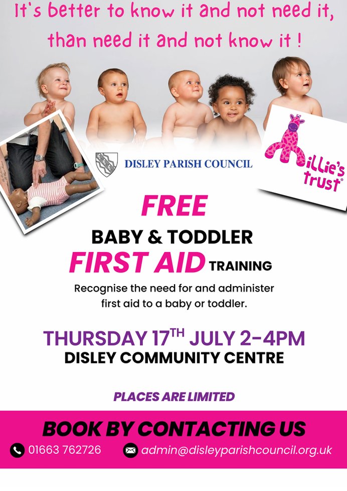 FREE Baby &amp; Toddler First Aid Training
Learn how to recognise when a baby or toddler needs first aid—and what to do in an emergency.

📅 Thursday 17th July 2025 from 2–4 pm at the Disley Community Centre

Find more info below: