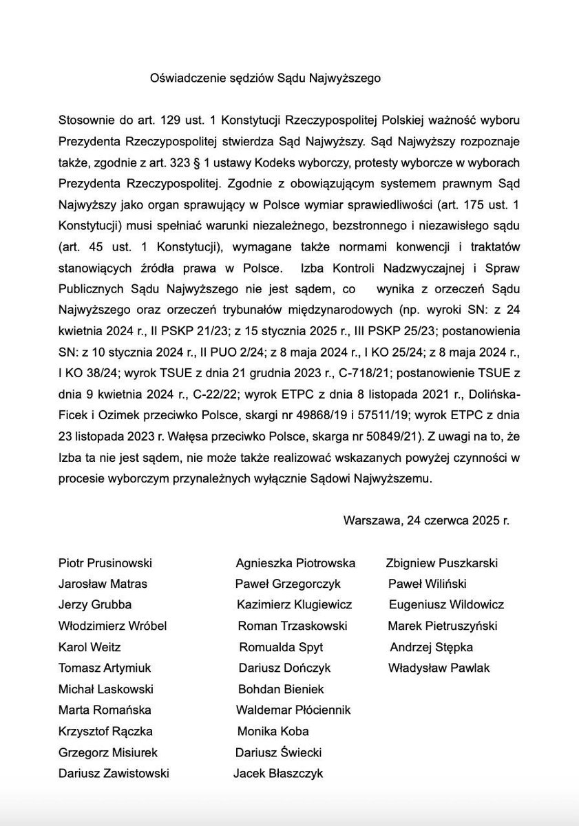 ❗️Izba Kontroli Nadzwyczajnej i Spraw Publicznych nie jest sądem❗️

Potwierdziły to Sąd Najwyższy i trybunały międzynarodowe w przywołanych w oświadczeniu sędziów SN orzeczeniach. 

👉🏻 W związku z tym IKNiSP nie może skutecznie stwierdzić ważności wyboru Prezydenta RP.