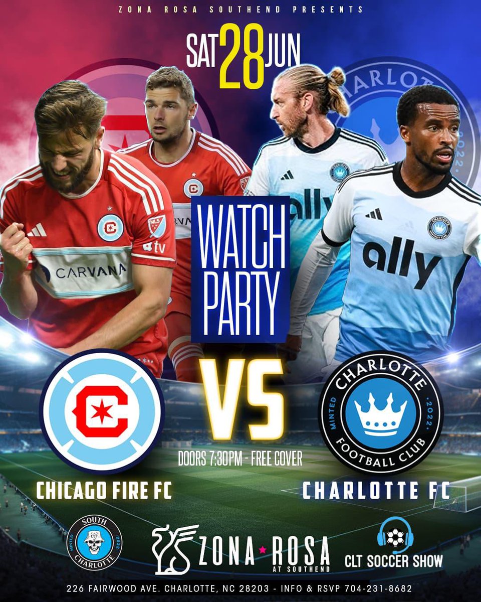🔥 MATCHDAY WATCH PARTY ALERT! 🔥

Join us this Saturday, June 28th at Zona Rosa Southend as we cheer on Charlotte FC as they take on Chicago Fire FC! 💙⚽️

📍 226 Fairwood Ave, 
  Charlotte, NC 28203
⏰ Doors open at 7:30 PM
💸 FREE COVER!