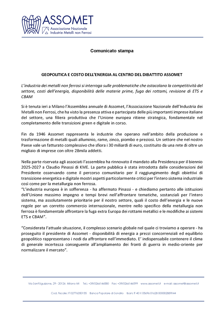 Assomet's tweet photo. 𝗚𝗘𝗢𝗣𝗢𝗟𝗜𝗧𝗜𝗖𝗔 𝗘 𝗖𝗢𝗦𝗧𝗢 𝗗𝗘𝗟𝗟’𝗘𝗡𝗘𝗥𝗚𝗜𝗔  

L’industria dei metalli non ferrosi si interroga sulle problematiche che ostacolano la competitività del settore, costi dell’energia, disponibilità delle materie prime, fuga dei rottami, revisione di ETS e CBAM. https://t.co/LFIo1kq8UP