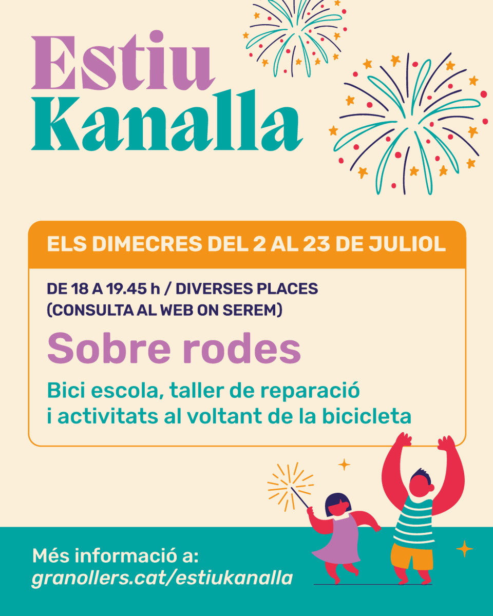 granollers's tweet photo. 🚲Aquest estiu tothom que ho vulgui podrà aprendre a anar en bicicleta de la mà del projecte Sobre Rodes, una iniciativa de l’Ajuntament de Granollers amb la col·laboració de Granollers Pedala.

A cinc espais de la ciutat es faran activitats per: 🔸Aprendre a anar en bicicleta per la ciutat 
🔸Tallers de mecànica bàsica per aprendre reparar la pròpia bicicleta
🔸Jocs i activitats per als infants

Més informació a: https://t.co/oou8ZDn8hH