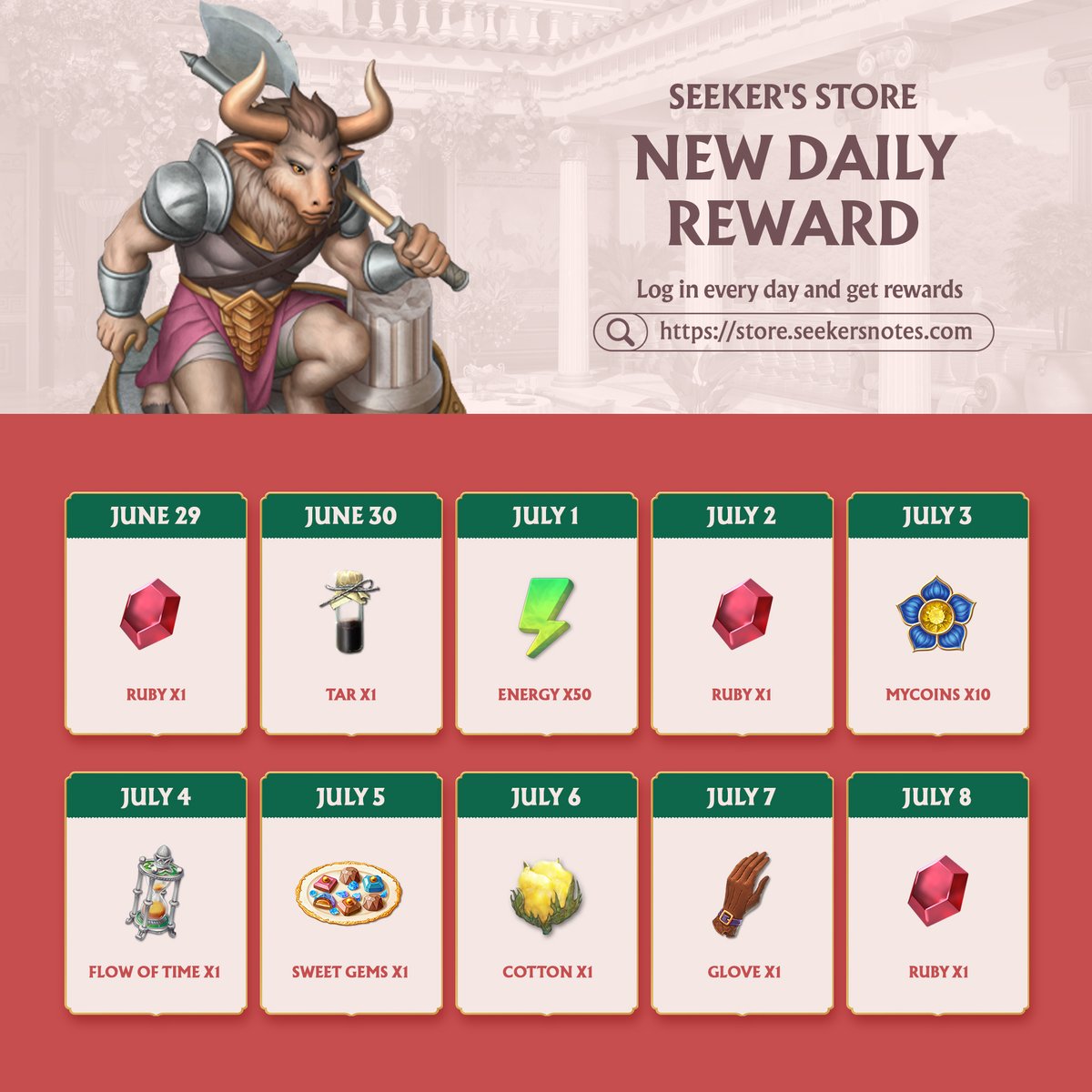 SeekersNotes's tweet image. 🎁 Daily Free Reward in the Seeker’s Store! Don’t forget to visit the Seeker’s Store today and claim your free Ruby ✨

Visit the Seeker’s Store here: store.seekersnotes.com

⏰ A new reward becomes available every day at 1 AM UTC.