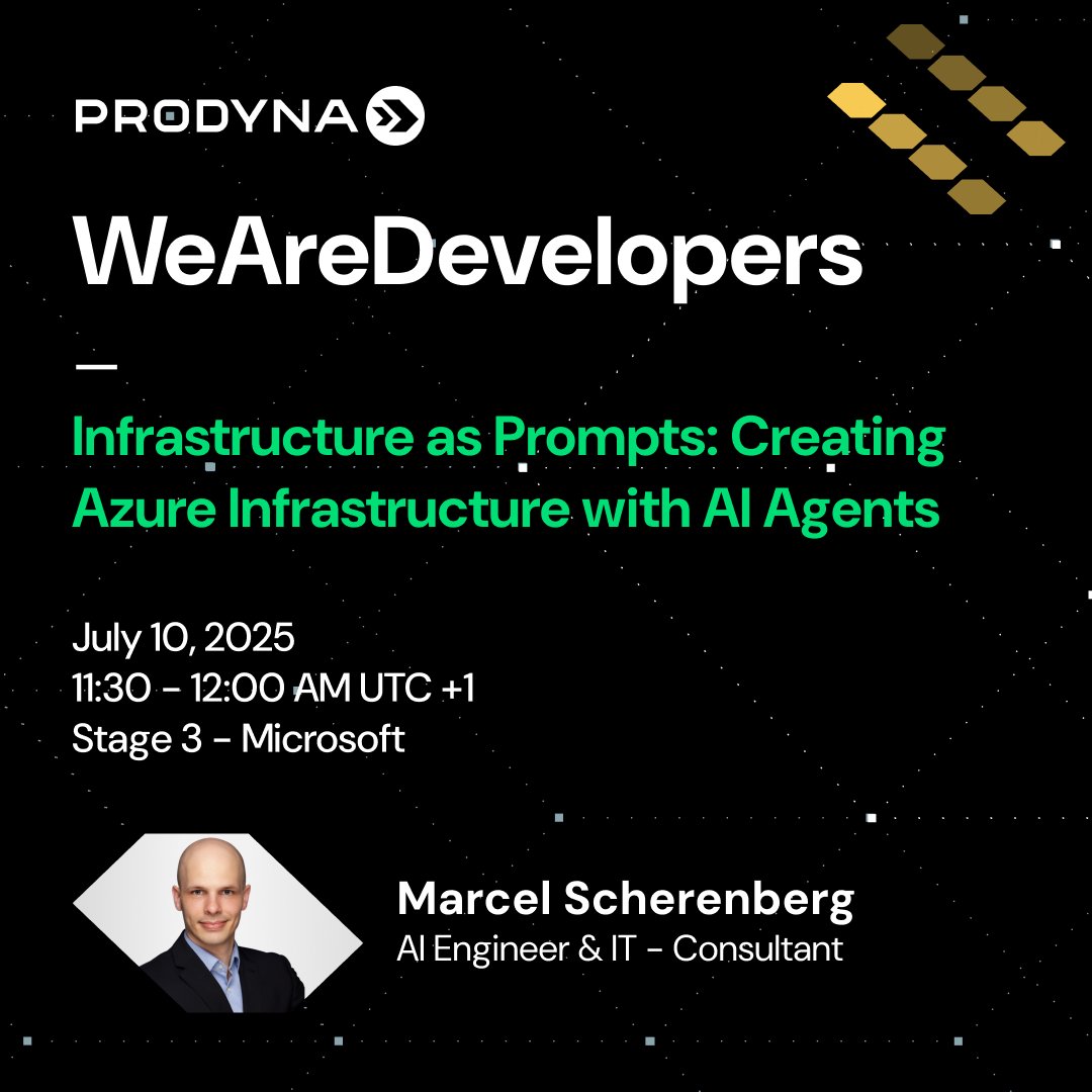 We’re joining <a href="/Microsoft/">Microsoft</a> at #WeAreDevelopers World Congress, July 9–11 in Berlin!

Catch Marcel Scherenberg from PRODYNA on stage:
"Infrastructure as Prompts: Creating Azure Infrastructure with AI Agents."
🗓 July 10, 11:30 PM
📍 Stage 3, Microsoft

#WAD2025 #Azure #AI