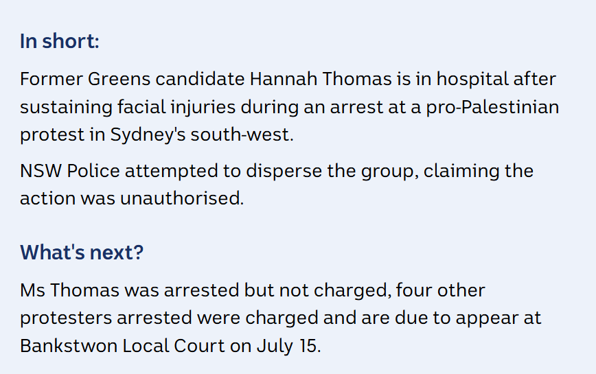 Jansant's tweet photo. An unauthorised protest is not unlawful.

Former Greens candidate Hannah Thomas hospitalised after pro-Palestinian protest in Sydney https://t.co/DOYXjEizwU https://t.co/Orn6IYeDFS