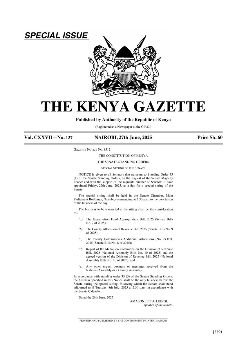 Senate of Kenya (@senate_ke) on Twitter photo The <a href="/Senate_KE/">Senate of Kenya</a> is expected to reconvene this afternoon from 2:30 p.m. after Speaker <a href="/HonAmasonKingi/">Rt. Hon. Amason Jeffah Kingi, EGH.</a> gazetted the House to sit today, Friday, 27th June 2025, to deliberate on the Equalisation Fund Appropriations Bill, the County Allocation of Revenue Bill, the County Governments The <a href="/Senate_KE/">Senate of Kenya</a> is expected to reconvene this afternoon from 2:30 p.m. after Speaker <a href="/HonAmasonKingi/">Rt. Hon. Amason Jeffah Kingi, EGH.</a> gazetted the House to sit today, Friday, 27th June 2025, to deliberate on the Equalisation Fund Appropriations Bill, the County Allocation of Revenue Bill, the County Governments
