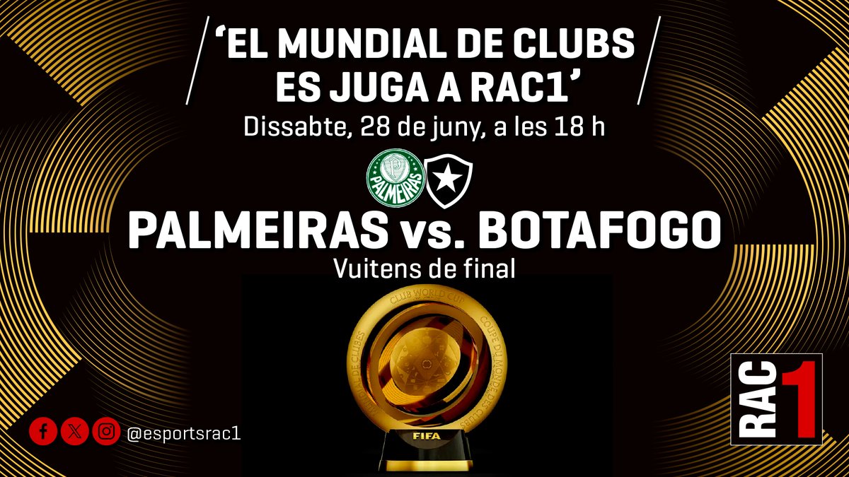 Esports RAC1 (@esportsrac1) on Twitter photo #Superesports | 🚨 Comença el Palmeiras 🆚 Botafogo a <a href="/rac1/">RAC1</a>!
Segueix en directe el partit de vuitens de final del Mundial de Clubs amb <a href="/pau_bonastre/">Pau Bonastre</a> i els comentaris de <a href="/clararodergas/">Clara Rodergas</a>, <a href="/SolsonaDani/">Dani Solsona</a> i <a href="/davidbroc/">David Broc</a>.
▶️ rac1.cat/directe #Superesports | 🚨 Comença el Palmeiras 🆚 Botafogo a <a href="/rac1/">RAC1</a>!
Segueix en directe el partit de vuitens de final del Mundial de Clubs amb <a href="/pau_bonastre/">Pau Bonastre</a> i els comentaris de <a href="/clararodergas/">Clara Rodergas</a>, <a href="/SolsonaDani/">Dani Solsona</a> i <a href="/davidbroc/">David Broc</a>.
▶️ rac1.cat/directe