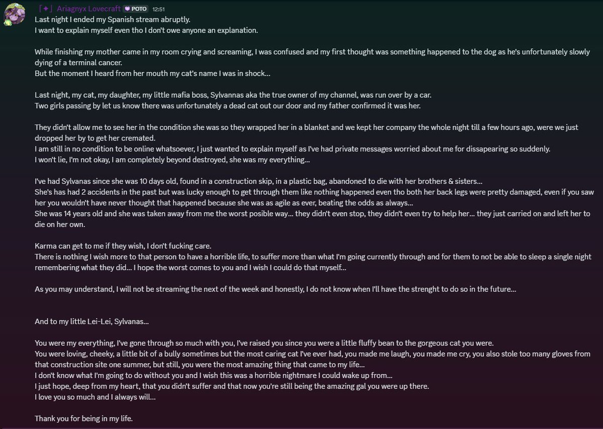 I'm beyond hearbroken...
I will not be streaming for the time being...

I'm sorry, thank you for understanding...

RIP Sylvanas, Lei-Lei, my little mafia boss
The true owner of my channel &amp; life 💜