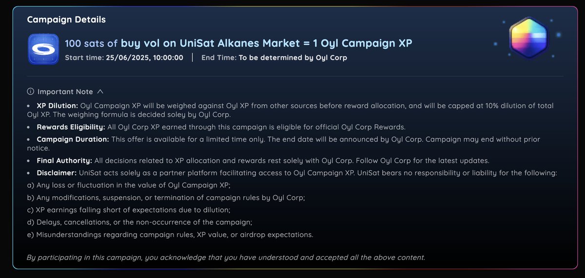 UniSat - wallet, explorer & extension for bitcoin. (@unisat_wallet) on Twitter photo Oyl x UniSat Marketplace Campaign Update - Important Dilution Info
Following Oyl's <a href="/oylwallet/">Oyl | Building Alkanes</a>’s announcement, we reached out to get more details about the dilution applied to Oyl Campaign XP earned from UniSat Marketplace:
• Total External XP: XP earned on UniSat + ID Club Oyl x UniSat Marketplace Campaign Update - Important Dilution Info
Following Oyl's <a href="/oylwallet/">Oyl | Building Alkanes</a>’s announcement, we reached out to get more details about the dilution applied to Oyl Campaign XP earned from UniSat Marketplace:
• Total External XP: XP earned on UniSat + ID Club