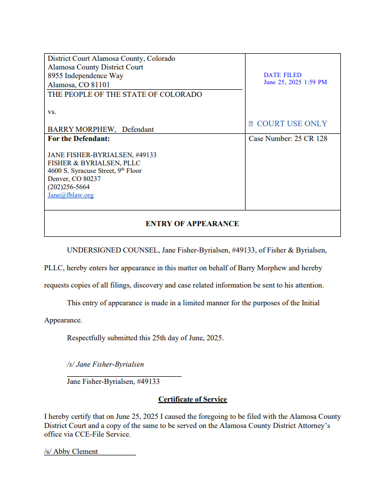 MattBlacInc's tweet photo. THE PEOPLE OF THE STATE OF COLORADO vs. #BARRYMORPHEW, Defendant
ENTRY OF APPEARANCE | JANE FISHER-BYRIALSEN
ENTRY OF APPEARANCE | DAVID BELLER https://t.co/VfoKdGUA3o