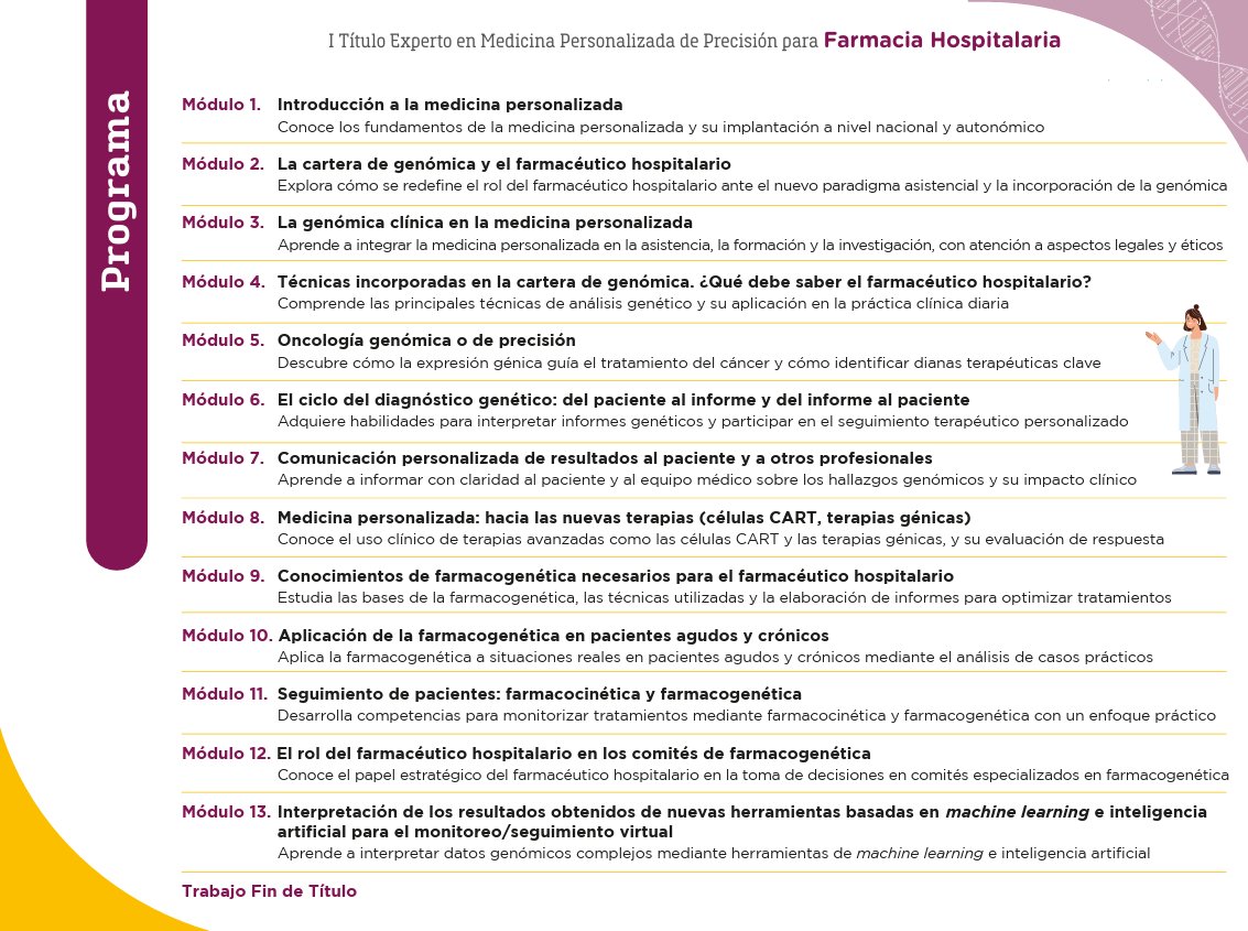 S.E.F.H (@sefh_) on Twitter photo I Título Experto en Medicina Personalizada de Precisión para Farmacia Hospitalaria <a href="/sefh_/">S.E.F.H</a> <a href="/ufvmadrid/">Universidad Francisco de Vitoria</a> con colab. <a href="/AstraZenecaES/">AstraZeneca España</a>
Septiembre 2025 - Marzo 2026
Online | 13 módulos
15 ECTS
❗️Hoy último día preinscripción 👉
ufv.jotform.com/251453874504863
ℹ️+info: sefh.es/fichadjuntos/t… I Título Experto en Medicina Personalizada de Precisión para Farmacia Hospitalaria <a href="/sefh_/">S.E.F.H</a> <a href="/ufvmadrid/">Universidad Francisco de Vitoria</a> con colab. <a href="/AstraZenecaES/">AstraZeneca España</a>
Septiembre 2025 - Marzo 2026
Online | 13 módulos
15 ECTS
❗️Hoy último día preinscripción 👉
ufv.jotform.com/251453874504863
ℹ️+info: sefh.es/fichadjuntos/t…