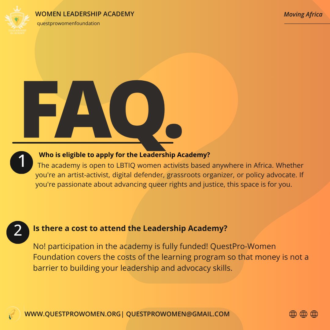questpro_women's tweet image. Have questions about applying to the QuestPro Women Leadership Academy 2025? We’ve got you covered. 📌 Check out these FAQs and get ready to lead boldly. 
#MovingAfrica