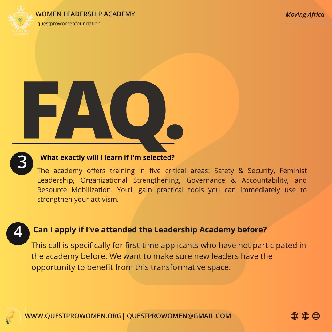 questpro_women's tweet image. Have questions about applying to the QuestPro Women Leadership Academy 2025? We’ve got you covered. 📌 Check out these FAQs and get ready to lead boldly. 
#MovingAfrica
