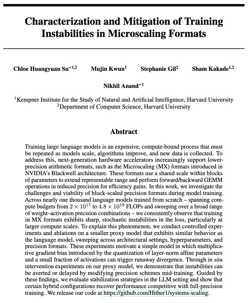What precision should we use to train large AI models effectively? Our latest research probes the subtle nature of training instabilities under low precision formats like MXFP8 and ways to mitigate them. Thread 🧵👇