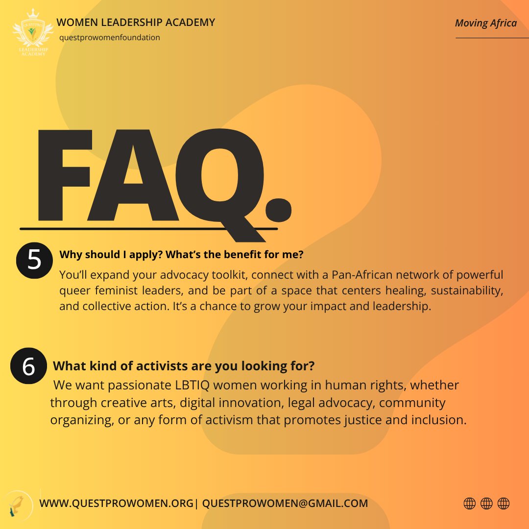 questpro_women's tweet image. Have questions about applying to the QuestPro Women Leadership Academy 2025? We’ve got you covered. 📌 Check out these FAQs and get ready to lead boldly. 
#MovingAfrica