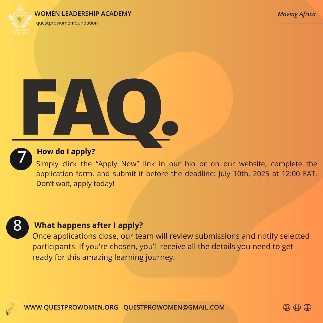 questpro_women's tweet image. Have questions about applying to the QuestPro Women Leadership Academy 2025? We’ve got you covered. 📌 Check out these FAQs and get ready to lead boldly. 
#MovingAfrica