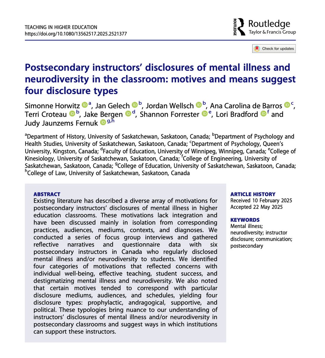 TeachinginHE's tweet image. New publication alert! 🚨
Postsecondary instructors’ disclosures of mental illness and neurodiversity in the classroom: motives and means suggest four disclosure types
By Simonne Horwitz et al.
tandfonline.com/doi/full/10.10…
#HigherEducation #Disclosure