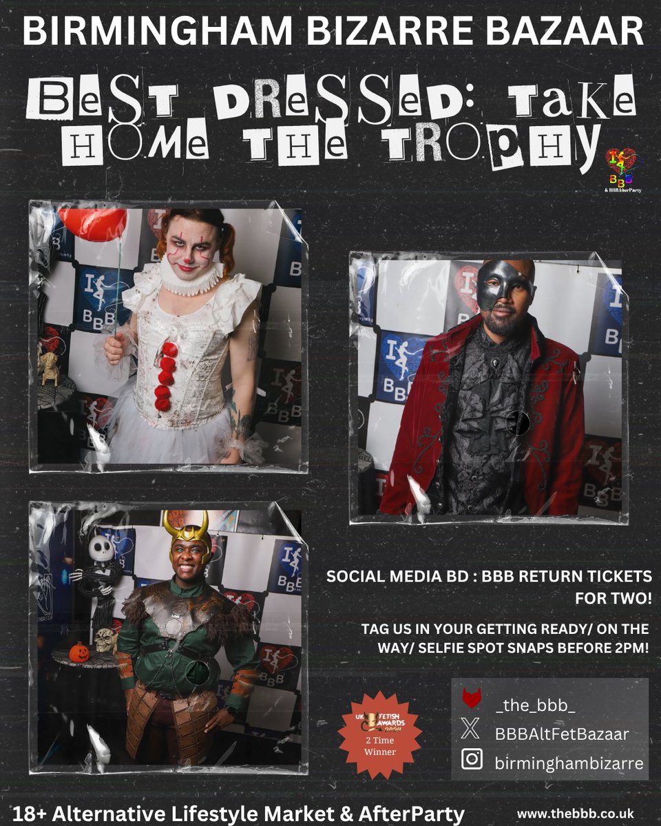BBBAltFetBazaar's tweet photo. HEROES &amp; VILLAINS ASSEMBLE! 

Whether you're saving the day or plotting world domination, we want to see your best looks at BBB's Best Dressed competition! 
#BBBazaar #HeroesAndVillains #BestDressed #AlternativeFashion #BirminghamBizarreBazaar https://t.co/uBJRWdlkAC