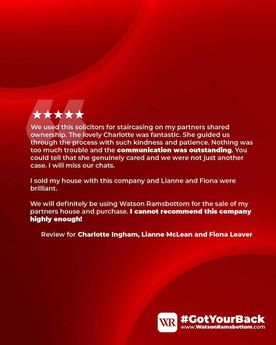 ⭐I CANNOT RECOMMEND THIS COMPANY HIGHLY ENOUGH⭐

What a fantastic review for Senior Conveyancing Executive Lianne McLean &amp; Assistants Fiona Leaver &amp; Charlotte Ingham 👏

#GotYourBack