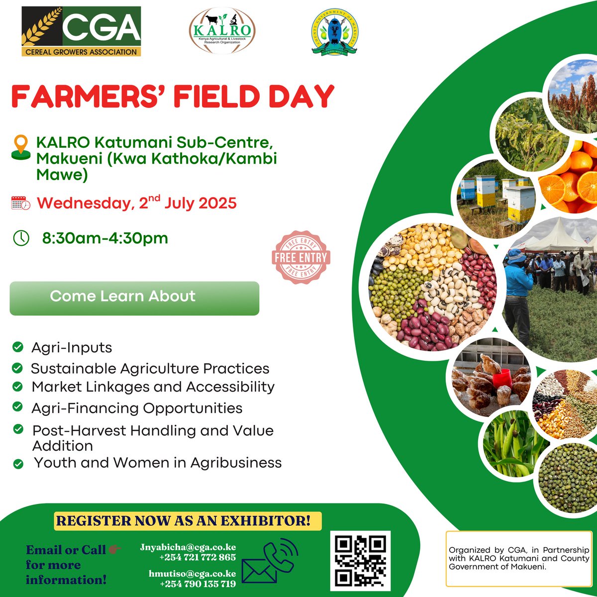 Join us for our Mega Makueni Farmers Field Day on 2nd July 2025 at KALRO Katumani (Kwa Kathoka), Makueni County.

Come connect with farmers, agribusiness players, and key stakeholders in the agricultural space.

Entry is free for all!
To reserve your spot, call Julius Nyabicha on