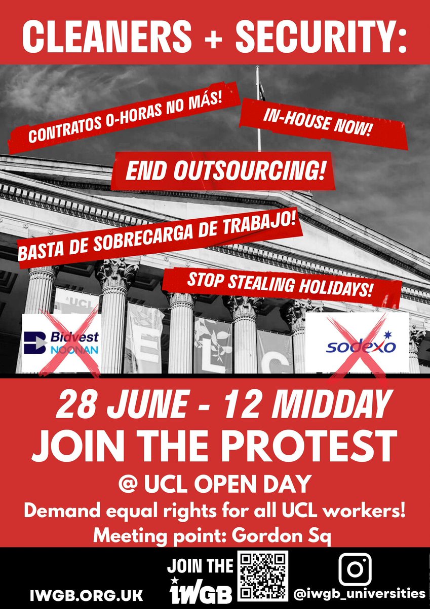 TOMMOROW at midday we will have a protest at UCL's Open Day, in support outsourced workers at UCL in their fight for dignity, respect and justice!

🫵 We need your support - join us at midday in Gordon Square to tell UCL: end outsourcing now!