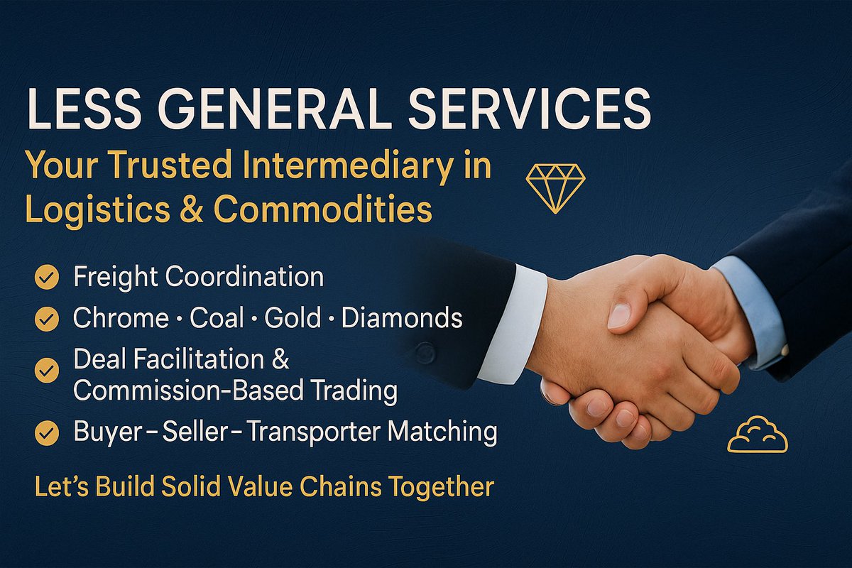 LessGServices's tweet photo. 🚛💼
At LESS GENERAL SERVICES, we connect buyers, sellers &amp; transporters across SA 🇿🇦
✅ Chrome • Coal • Gold • Diamonds
✅ Freight Coordination
✅ Deal Facilitation
✅ Commission-Based Trading
Let’s build solid value chains together.
#Logistics #Mining #Commodities #SAtrade https://t.co/851NxTBAuL