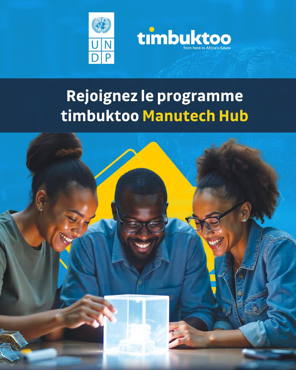 IA, Robotique, IoT : propulsez l’industrie africaine.

Le hub ManuTech de timbuktoo est un programme compétitif en 3 phases :

🔹 Bootcamp (4 sem)
🔹 Incubation (3 mois)
🔹 Accélération (3 mois)

Seules les meilleures startups progresseront.
🔗 Postulez : lnkd.in/d34Equm2