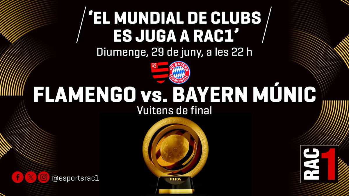 Esports RAC1 (@esportsrac1) on Twitter photo #Superesports | 🚨 Comença el Flamengo 🆚 Bayern de Múnic a <a href="/rac1/">RAC1</a>!
Viu el partit de vuitens de final del Mundial de Clubs amb <a href="/clararodergas/">Clara Rodergas</a> i els comentaris de <a href="/jaumemullor/">Jaume Mullor</a>, <a href="/SolsonaDani/">Dani Solsona</a> i <a href="/Blayasensat/">Albert Blaya Sensat</a>.
▶️ rac1.cat/directe #Superesports | 🚨 Comença el Flamengo 🆚 Bayern de Múnic a <a href="/rac1/">RAC1</a>!
Viu el partit de vuitens de final del Mundial de Clubs amb <a href="/clararodergas/">Clara Rodergas</a> i els comentaris de <a href="/jaumemullor/">Jaume Mullor</a>, <a href="/SolsonaDani/">Dani Solsona</a> i <a href="/Blayasensat/">Albert Blaya Sensat</a>.
▶️ rac1.cat/directe