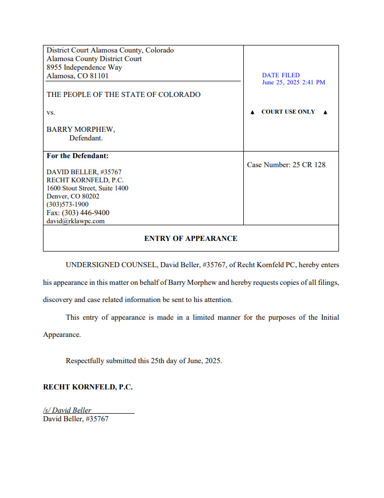 MattBlacInc's tweet photo. THE PEOPLE OF THE STATE OF COLORADO vs. #BARRYMORPHEW, Defendant
ENTRY OF APPEARANCE | JANE FISHER-BYRIALSEN
ENTRY OF APPEARANCE | DAVID BELLER https://t.co/VfoKdGUA3o