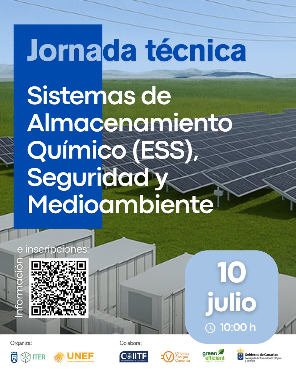 🔋 Jornada Técnica sobre Almacenamiento Energético en Canarias
📅 10 de julio – 10:00 h
📍 ITER, Tenerife
💡 Gratuita – Inscripción obligatoria
Conoce soluciones #LiFeO2, microredes y más 🌱
🔗 bit.ly/4lrW9Jc
#EnergíaRenovable #ITER #Canarias