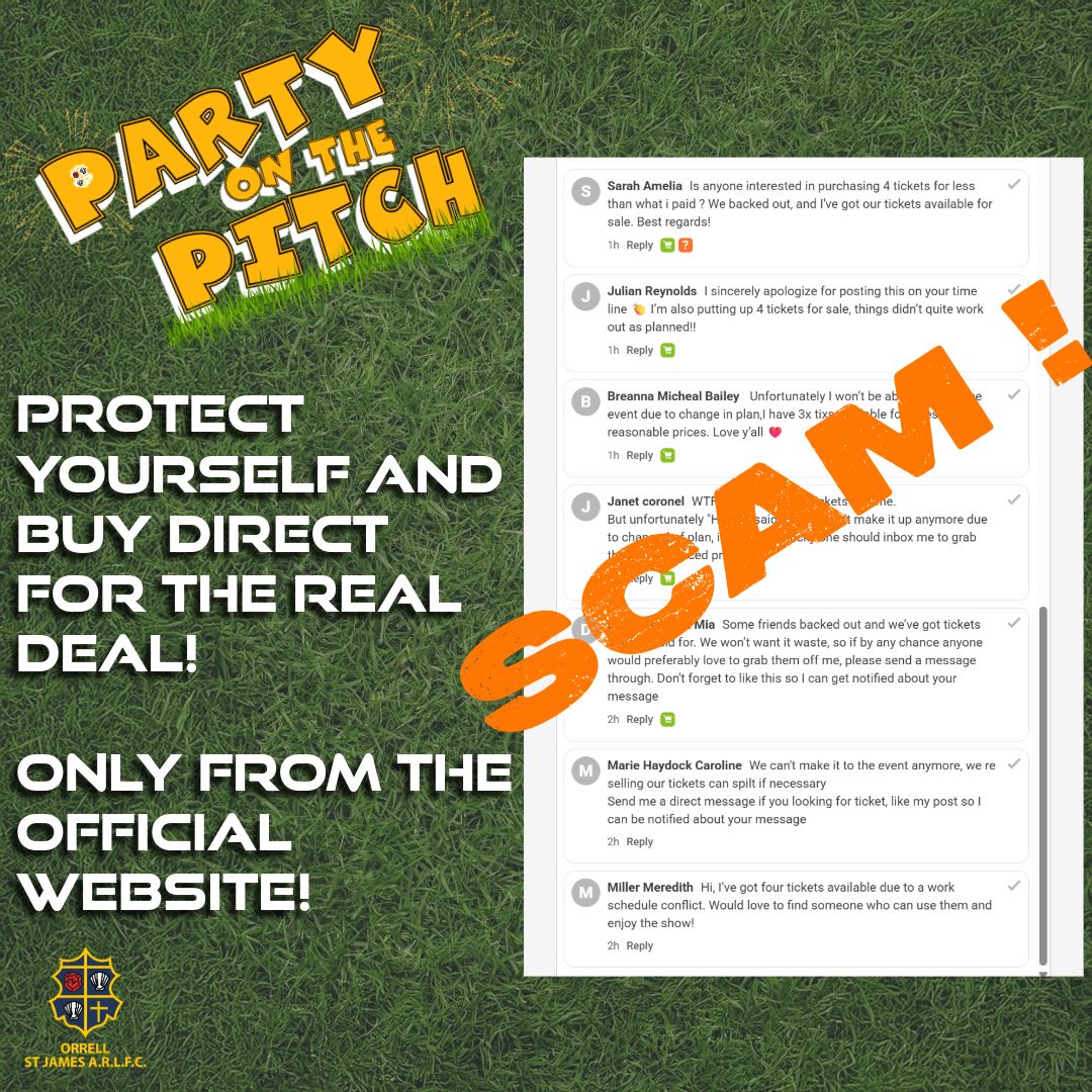 🚨 Get your #PartyOnThePitch tickets ONLY from the official website! 🎟️ Don’t fall for scams—bogus ticket sellers are out there. Protect yourself and buy direct for the real deal! 🕺💃 #StaySafe #OfficialTickets
tickettailor.com/events/orrells…