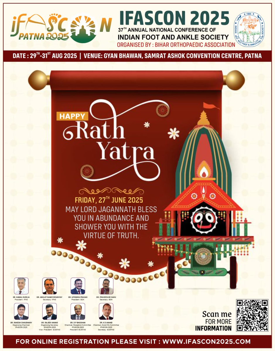 ifascon2025's tweet photo. Happy Rath Yatra to All🙏
Early Bird Registration for #IFASCON2025 ends on 30th June!
🏨 Discounted hotel bookings also closing soon.
📍 Patna | 🗓️ 29-31 August 2025
🔗 Register now: https://t.co/MAq4M5gQPp
#OrthoConference #FootAndAnkle https://t.co/DWtPNVsAmR